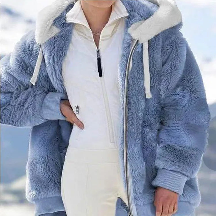 White oversized fleece zip-up coat for women by Corporación Turística, featuring a comfortable, relaxed fit and cozy design.