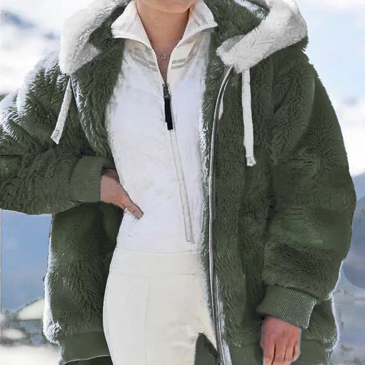 White oversized fleece hoodie coat for women by Corporación Turística, featuring a front zipper and cozy fit.