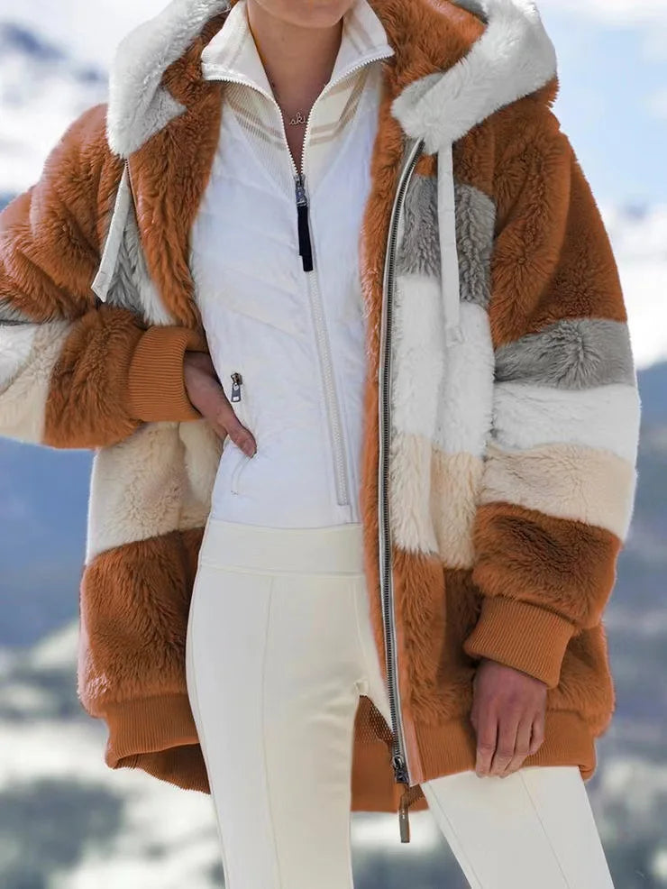 White women's oversized fleece zip-up coat by Corporación Turística, featuring a cozy, relaxed fit and front zipper closure.