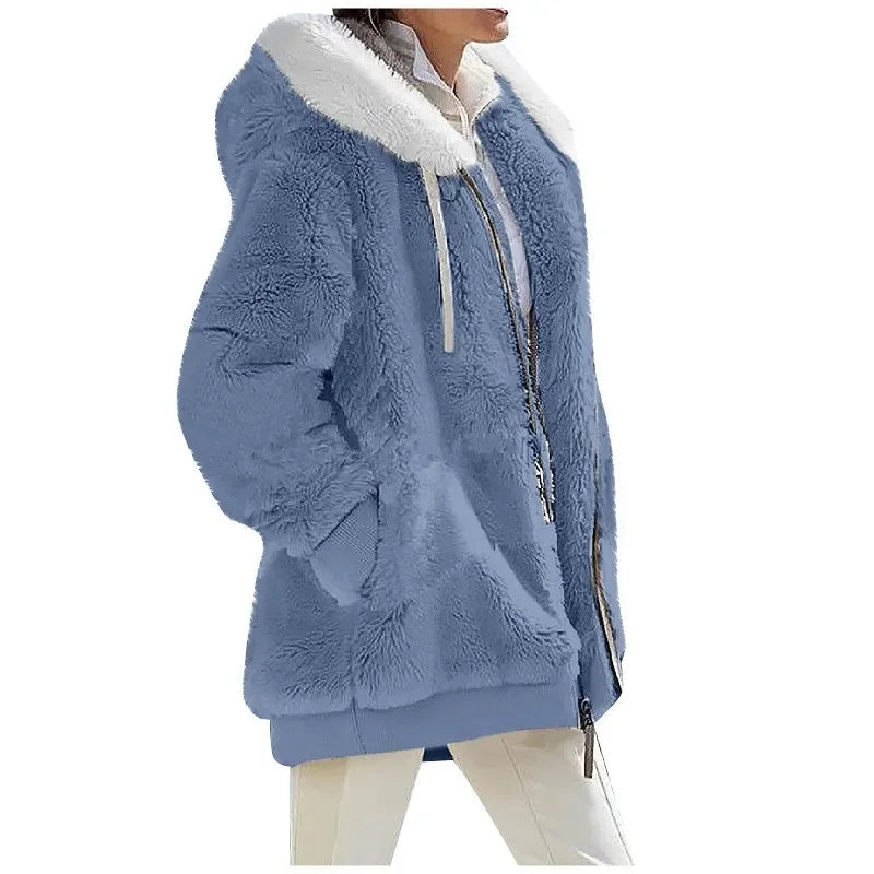 White women's casual hoodie coat with zipper and hood, featuring a relaxed fit and comfortable style by Corporación Turística.