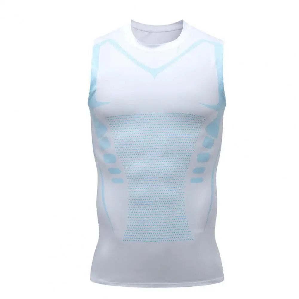 White men's compression sleeveless shirt by Corporación Turística, showcasing the tight-fitting athletic design and fabric details.