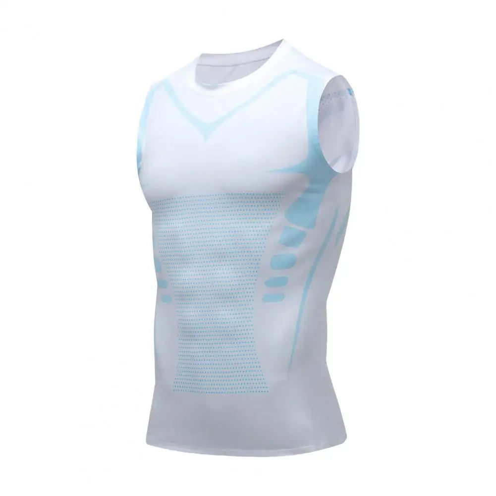 White men's compression sleeveless shirt by Corporación Turística, showcasing a form-fitting design and breathable fabric.