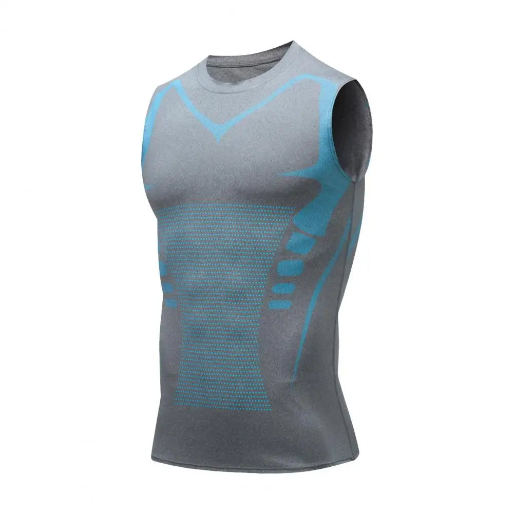 White men's compression sleeveless shirt by Corporación Turística, displaying the fitted athletic design and fabric texture.