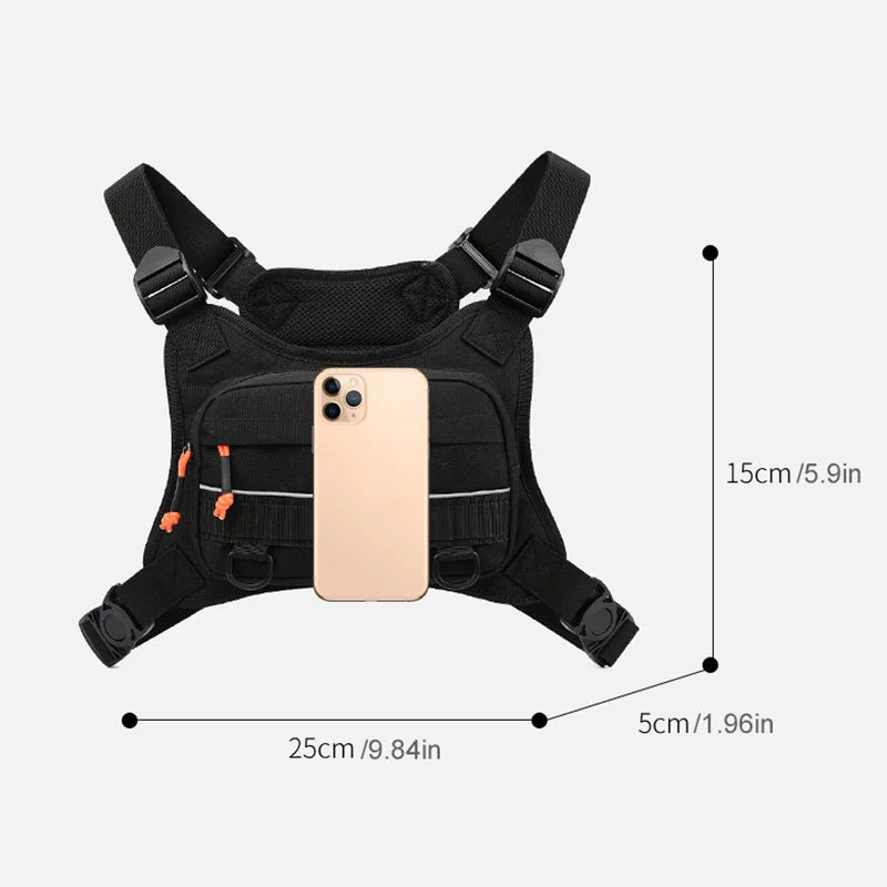Tactical chest bag for men by Corporación Turística, front tactical vest with multiple storage compartments, black color.