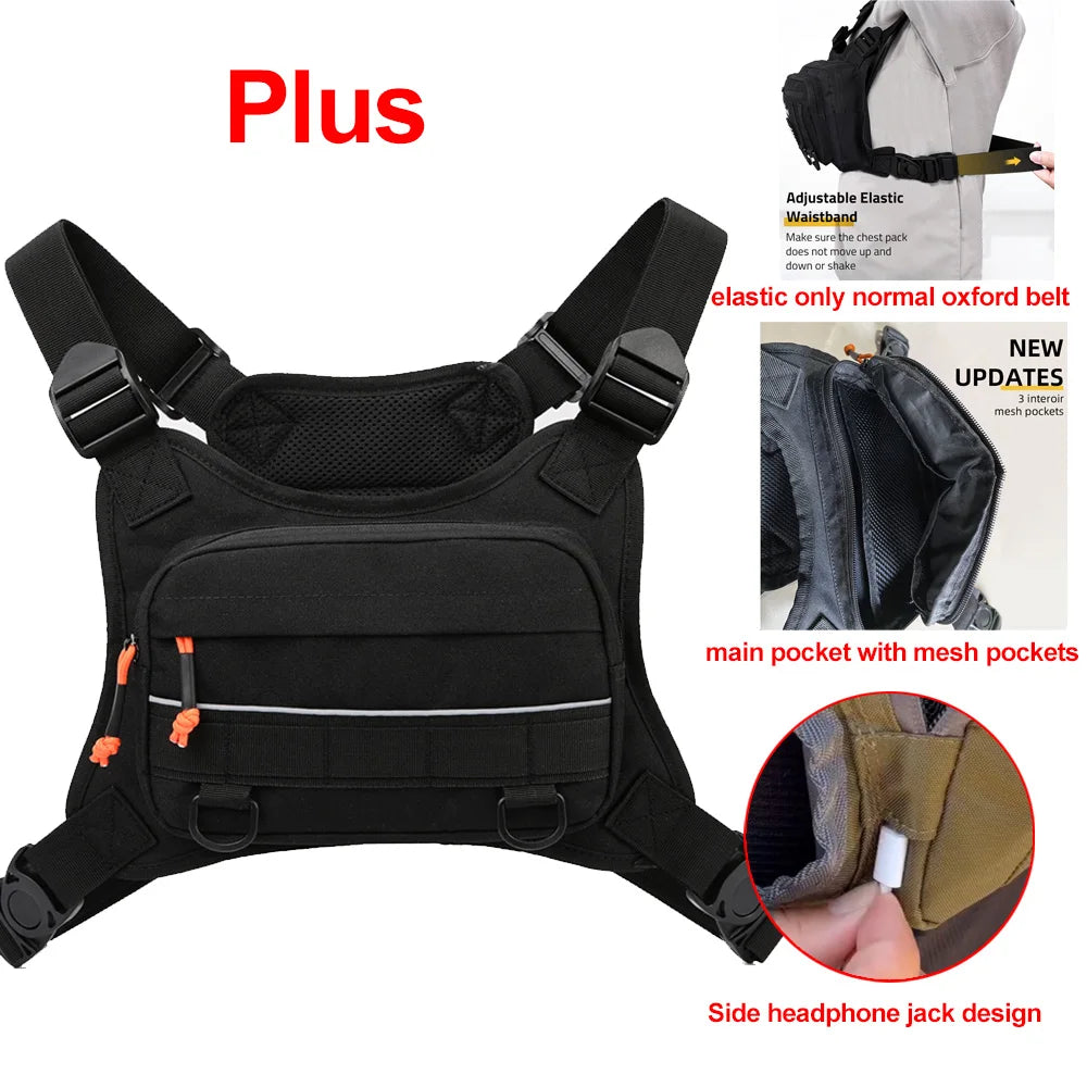 Tactical men's chest bag and front vest by Corporación Turística, featuring multiple compartments and rugged design.