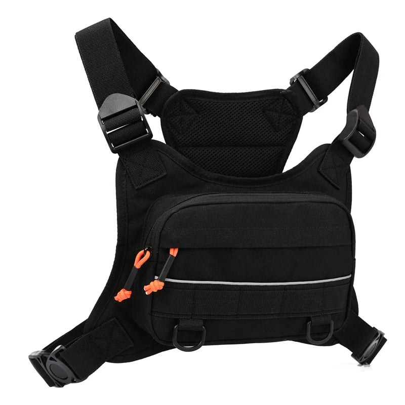 Tactical men's chest bag with front pocket, black tactical vest by Corporación Turística, designed for outdoor and tactical use.