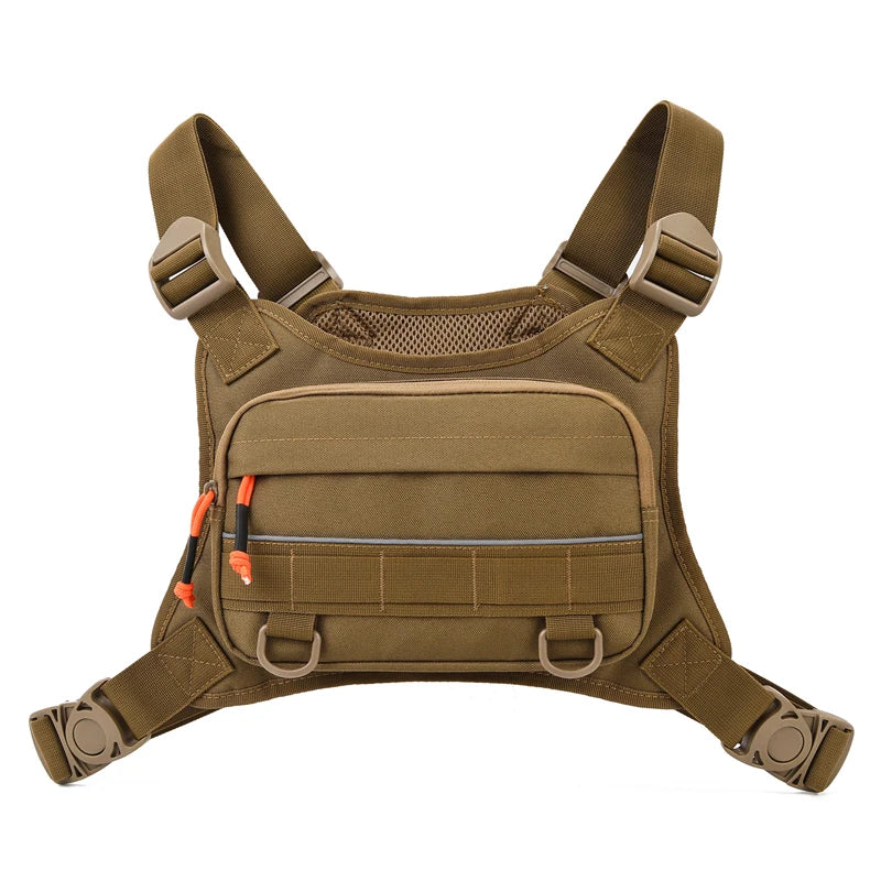 Tactical men's chest bag and front vest by Corporación Turística, featuring multiple compartments and durable black material.