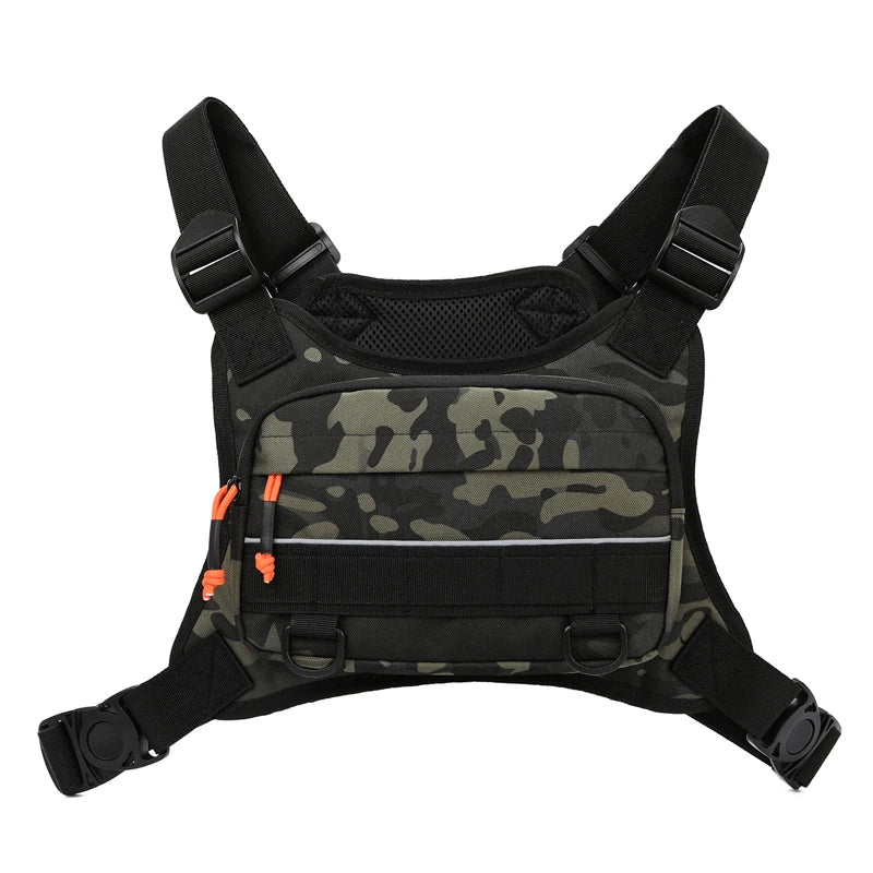 Tactical chest bag for men by Corporación Turística, front view showing adjustable straps and multiple compartments.