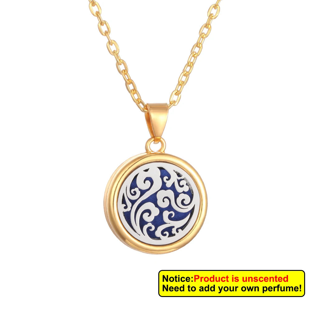 Aromatherapy diffuser necklace featuring a floral tree of life design by Corporación Turística, displayed as a pendant on a chain.