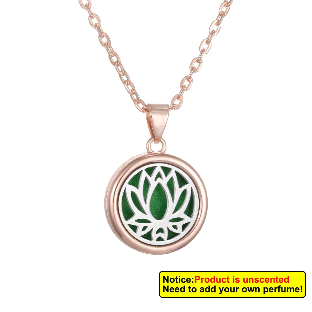 Aromatherapy diffuser necklace with a floral tree of life design, made by Corporación Turística, displayed on a neutral background.