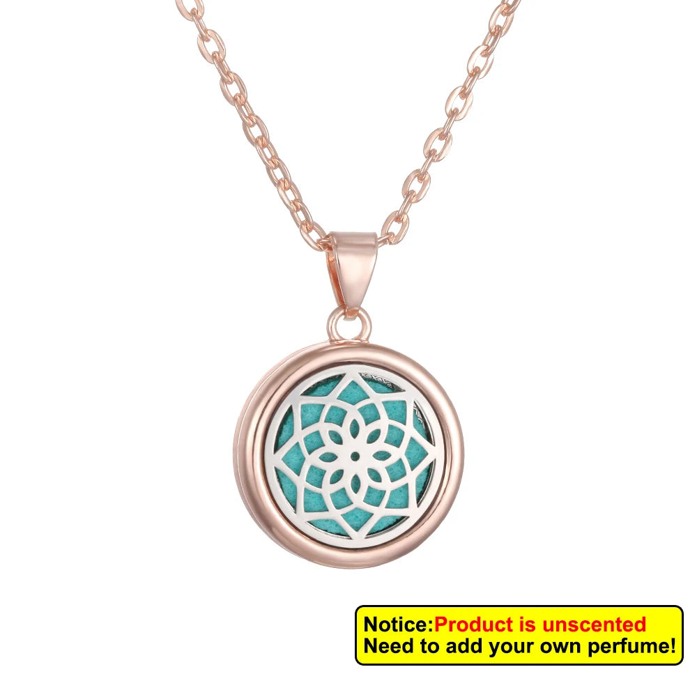 Aromatherapy diffuser necklace with floral tree of life design, featuring a pendant with a vibrant, colorful floral pattern.