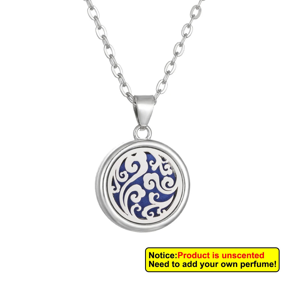 Aromatherapy diffuser collar featuring a floral tree of life design, made by Corporación Turística, displayed on a black background.