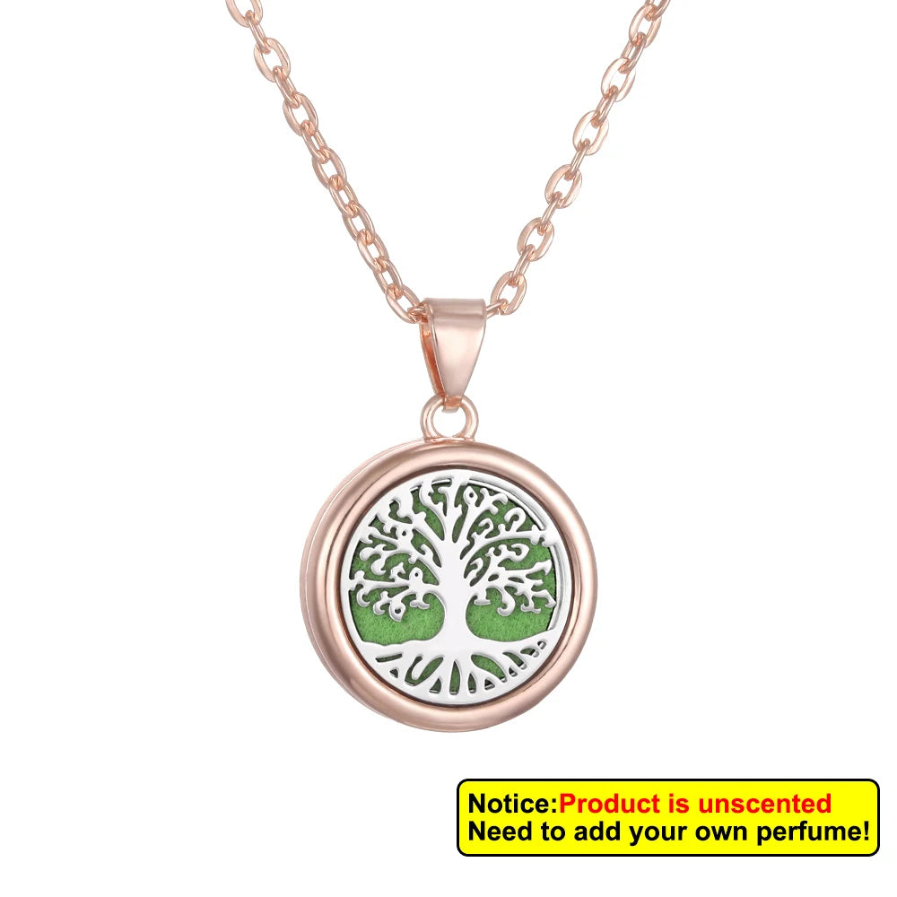 Aromatherapy diffuser necklace featuring a Nueva Flor Árbol de la Vida design, made by Corporación Turística, with detailed floral and tree motifs.
