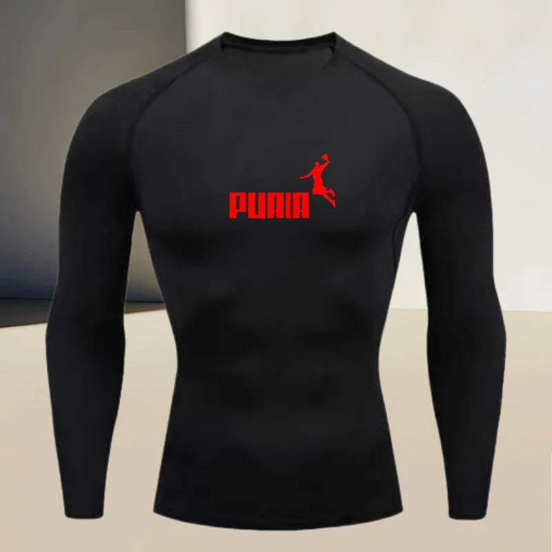 Close-up of a black fitted long-sleeve sports T-shirt with a round neck from Corporación Turística, designed for active wear.