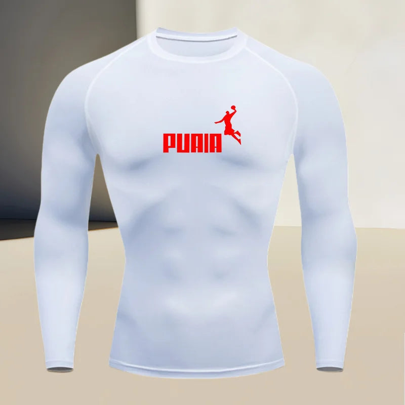 Close-up of Corporación Turística fitted long-sleeve sports T-shirt with round neckline, made of stretchy athletic fabric.