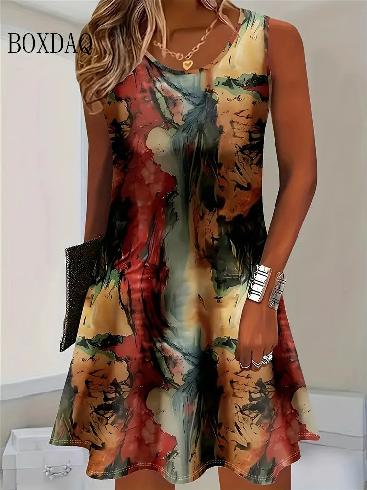 Bohemian sleeveless dress for women by Corporación Turística, summer 2025, flowing fabric and stylish design, front view.