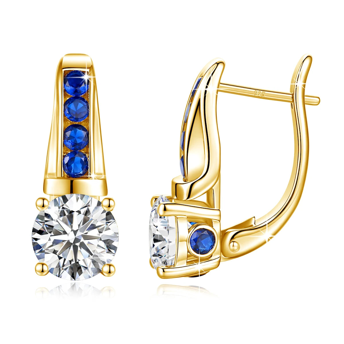 Yellow gold moissanite diamond earrings with certification, featuring sparkling D color moissanite stones in a classic design.