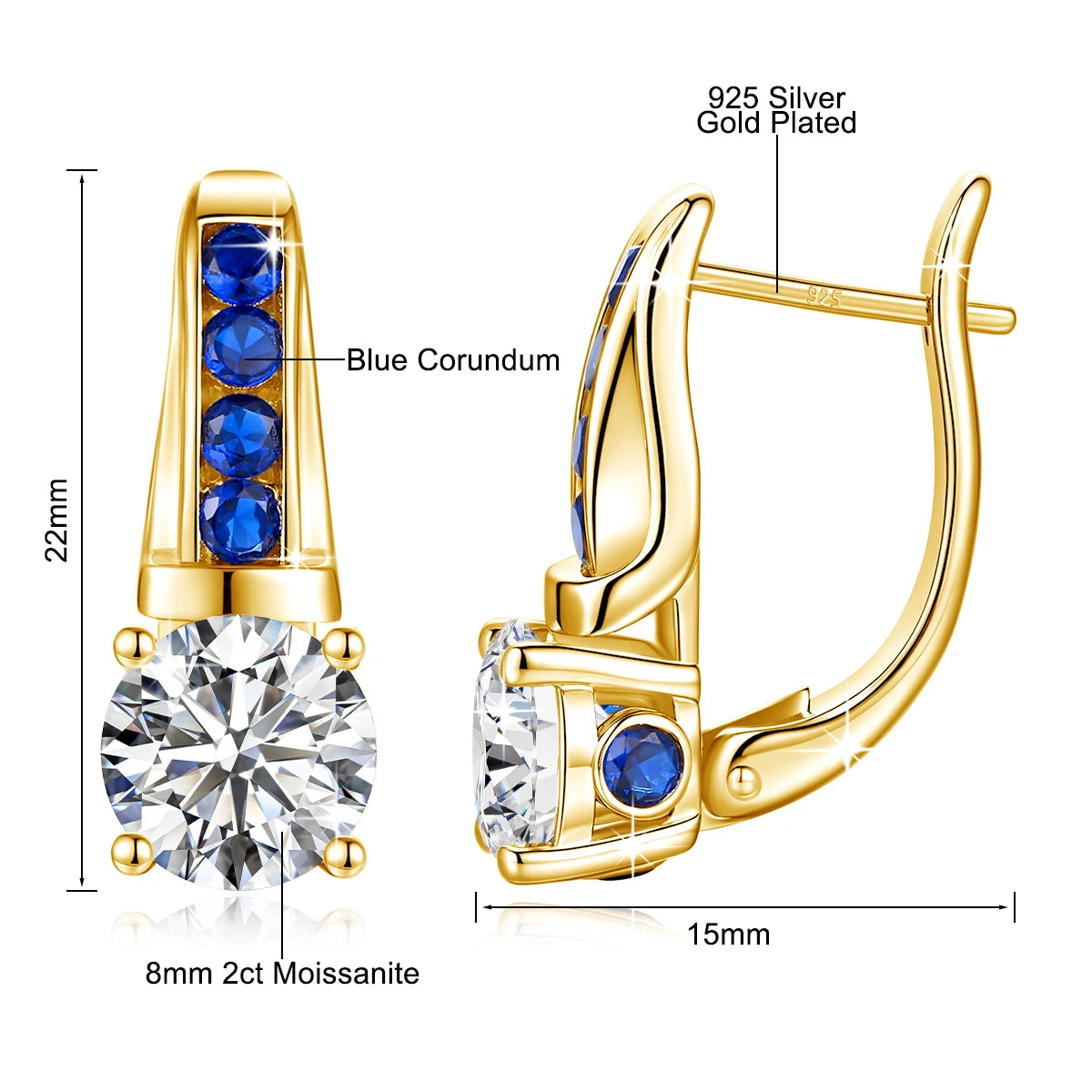 Yellow gold moissanite diamond earrings with certification D color, featuring sparkling stones set in elegant jewelry design.