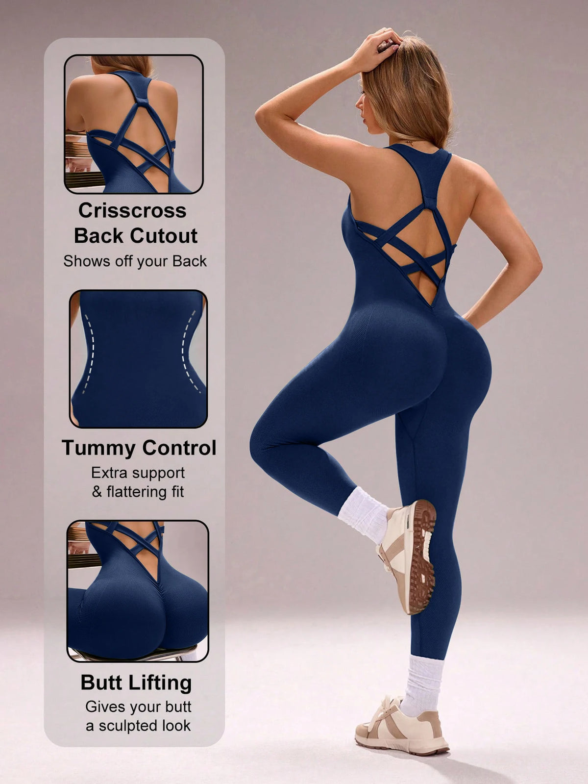 Seamless yoga jumpsuit with crossed back and sleeveless design by Corporación Turística, shown in a close-up view.