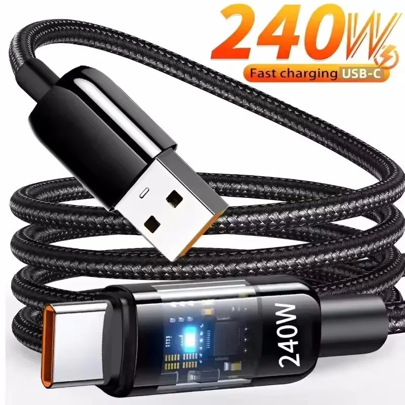 DAINU USB-C 240W nylon charging cable with LED indicator, 1 meter, fast charging, black, ideal for electronic devices.
