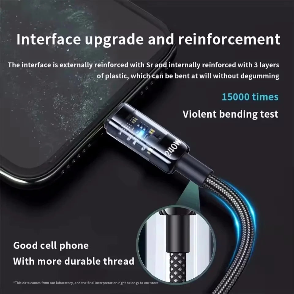 DAINU USB C 240W nylon cable for fast charging, 1 meter, black with LED indicator, compatible with electronic devices.