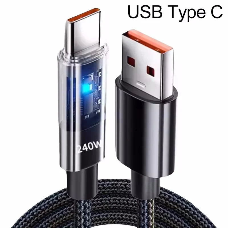 DAINU USB C 240W nylon cable for fast charging, black 1-meter length with LED indicator, suitable for electronic devices.
