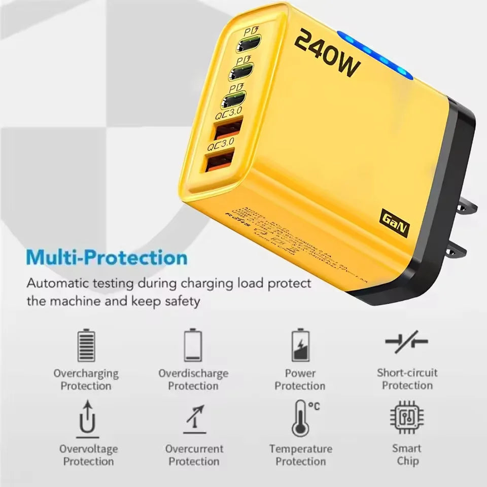 DIXSG 240W 5-in-1 fast wall charger with USB Type C port for mobile devices, yellow electronic accessory.