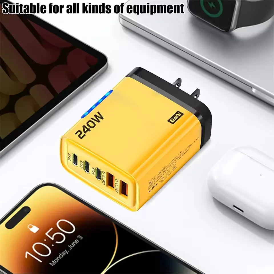 DIXSG 240W 5-in-1 fast wall charger with USB-C ports, yellow electronic accessory for mobile device charging.