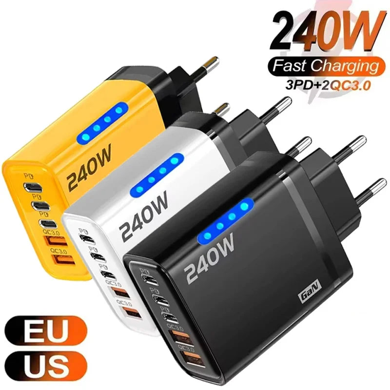 Yellow DIXSG 240W GaN 5-in-1 fast wall charger with USB-C PD 3.1, compact electronic accessory for quick device charging.