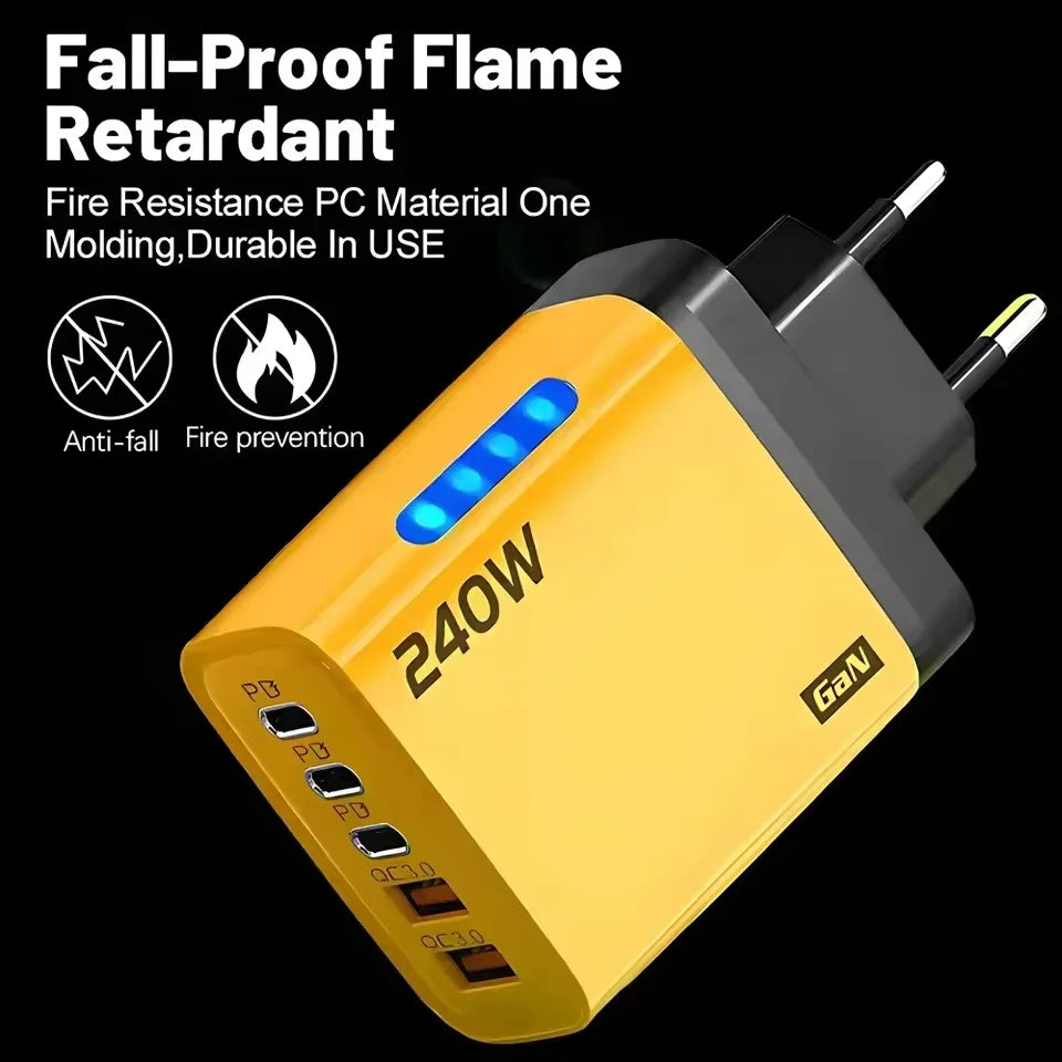 DIXSG GaN 240W 5-in-1 fast wall charger with USB-C PD 3.1, yellow color, designed for electronic device charging.