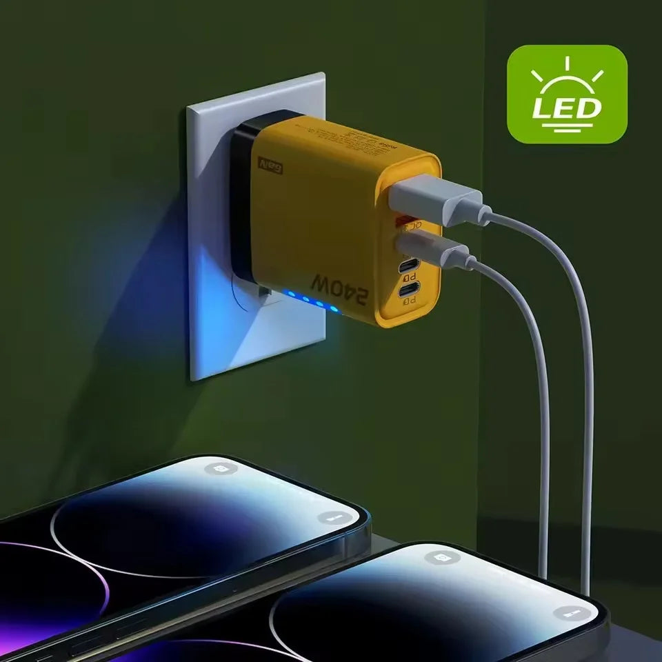 DIXSG 240W GaN 5-in-1 fast wall charger with USB-C PD 3.1, yellow, compact electronic accessory for quick device charging.
