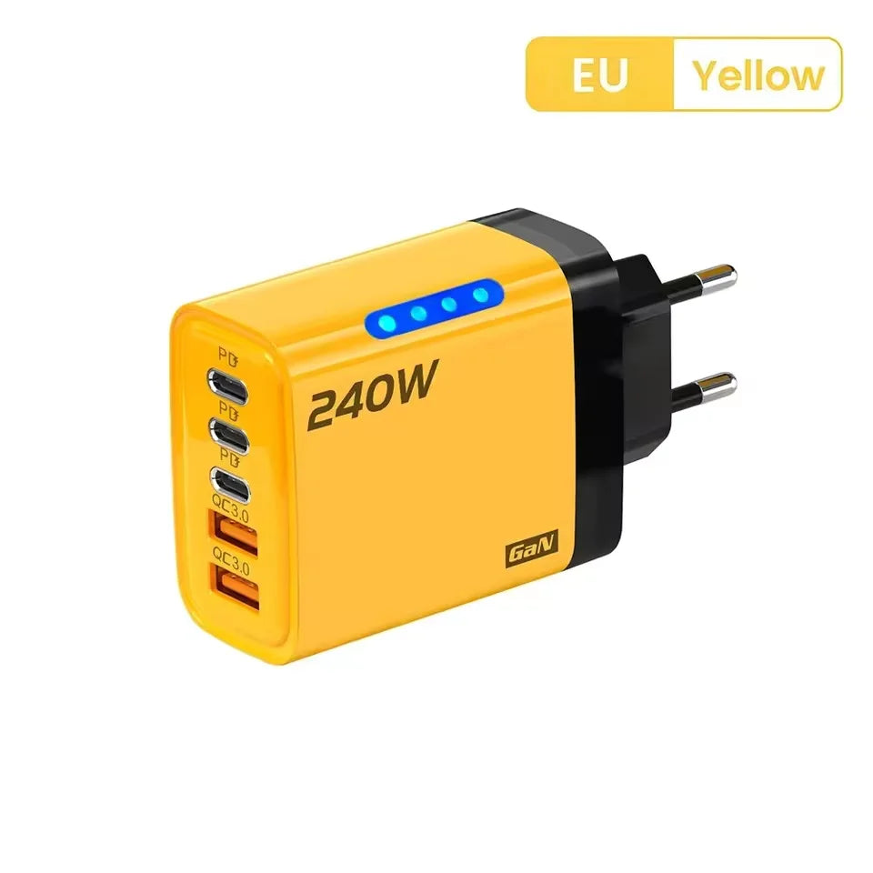 DIXSG GaN 240W 5-in-1 fast wall charger with USB-C PD 3.1, yellow electronic accessory for quick device charging.