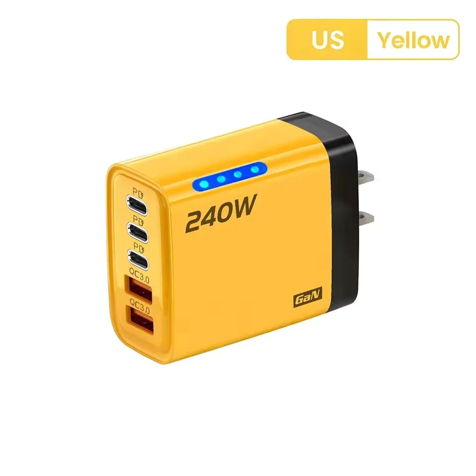DIXSG 240W GaN 5-in-1 fast wall charger with USB C PD 3.1, yellow, compact electronic accessory for fast device charging.