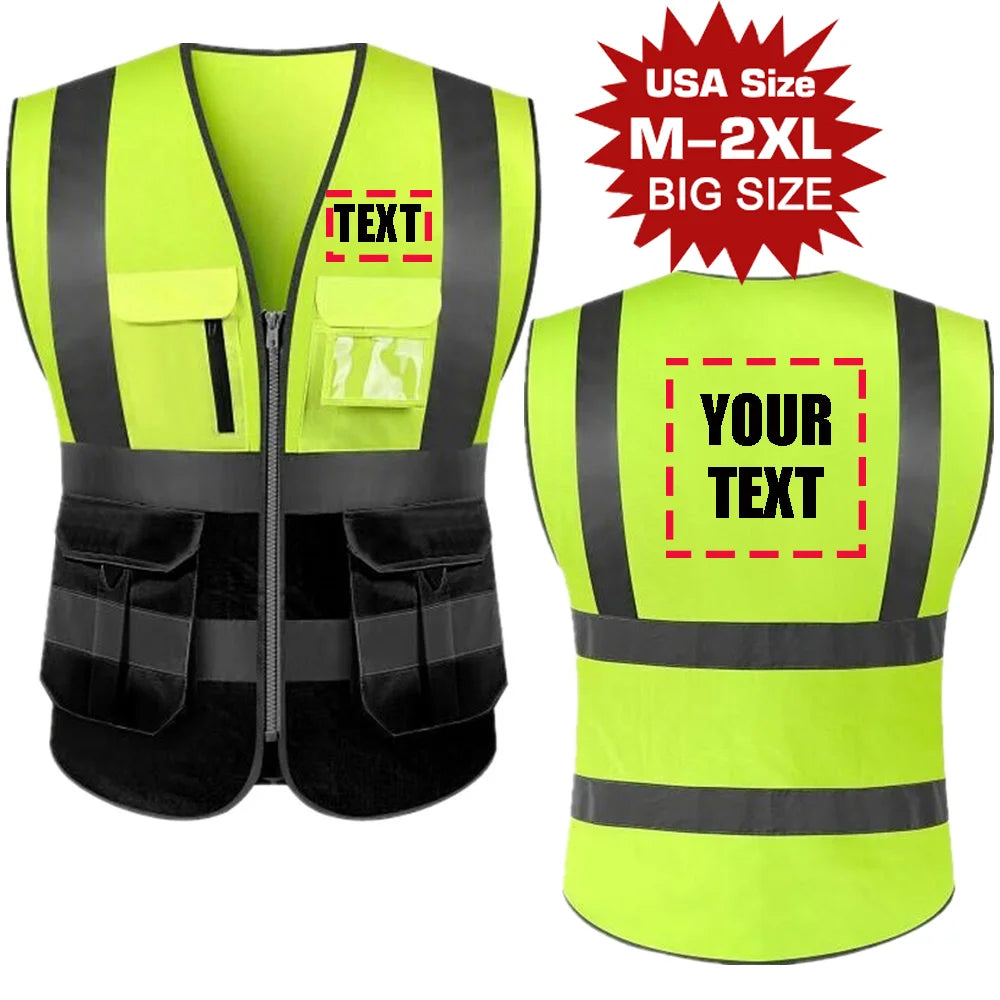 Personalized ANSI Class 2 high visibility safety vest by DOBYYUNZHEN in neon yellow and black with logo, for work safety.