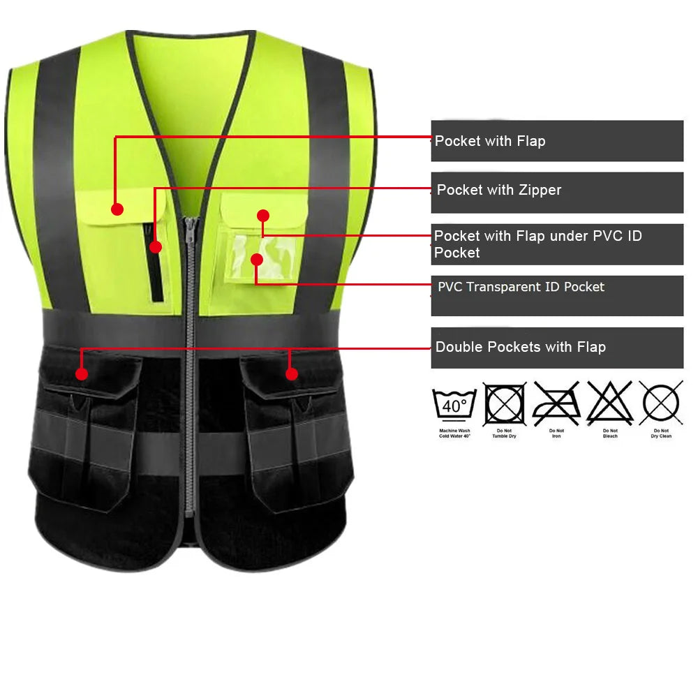 High-visibility neon yellow and black personalized safety vest by DOBYYUNZHEN, ANSI Class 2 with logo for work safety.