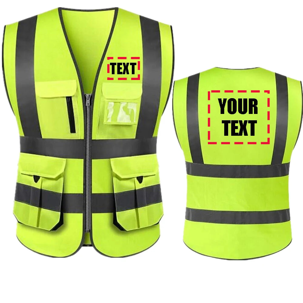 Personalized ANSI Class 2 safety vest by DOBYYUNZHEN in neon yellow and black with logo, high visibility workwear.