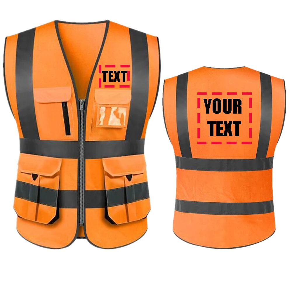 High-visibility neon yellow and black personalized safety vest by DOBYYUNZHEN, ANSI Class 2, with logo, designed for work safety.