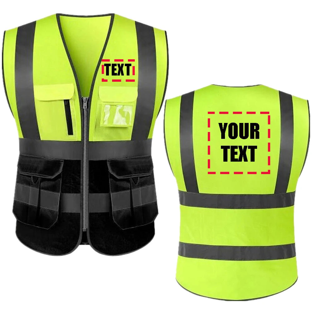 High-visibility neon yellow and black personalized ANSI Class 2 safety vest with logo from DOBYYUNZHEN, designed for work safety.