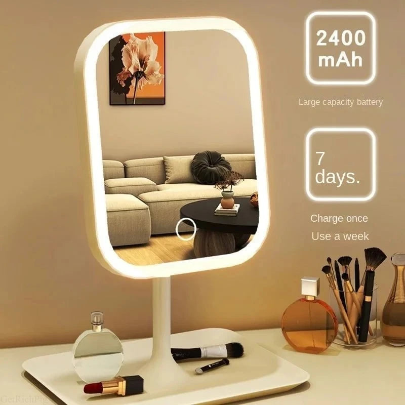 Doublechin LED touch makeup mirror with adjustable three-tone lighting, white decor mirror for vanity and home use.
