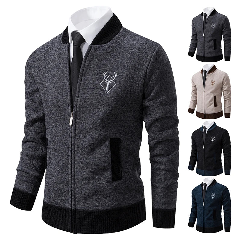 Dark grey men's chenilla cardigan by ENWEIGE, warm winter men's jacket with cozy knit fabric and casual style.