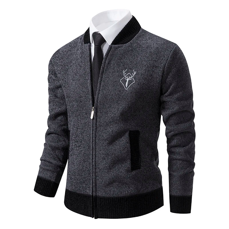 Dark grey ENWEIGE men's chenille cardigan, warm winter knit jacket with cozy texture, ideal for cold weather.
