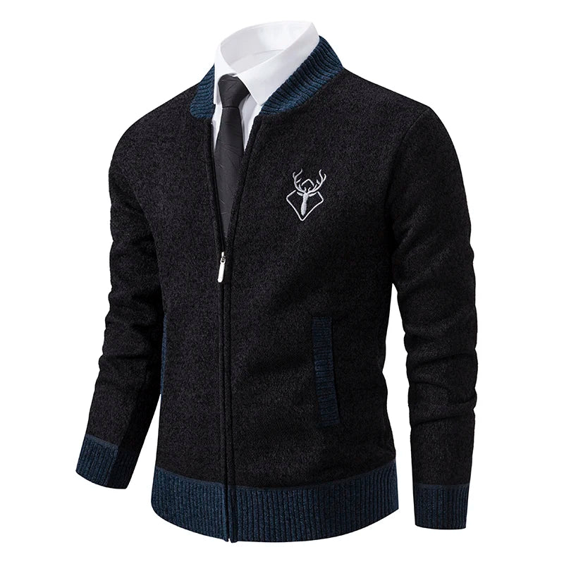 Dark grey ENWEIGE men's chenilla cardigan, warm and cozy winter jacket with a soft knit texture for cold weather.