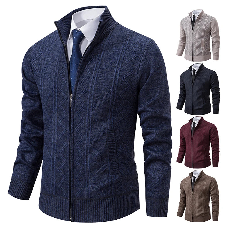 Dark grey men's thick knit sweater by FAVOCENT with a raised collar, suitable for winter, from the men's cardigan and coat collection.