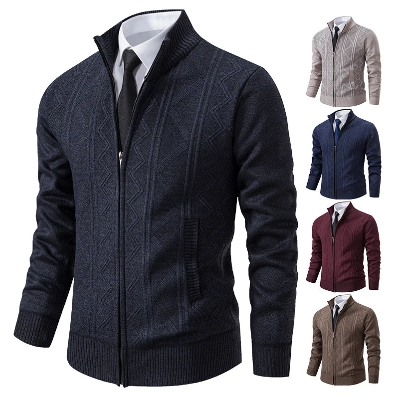 Dark grey men's thick knit cardigan by FAVOCENT with a raised collar, suitable for winter, styled as a cozy winter coat or jacket.