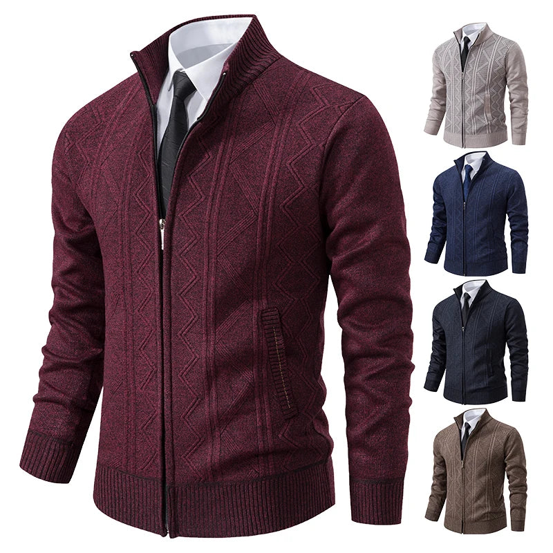 Dark grey chunky knit men's cardigan by FAVOCENT with a raised collar, suitable for winter, casual and warm clothing.