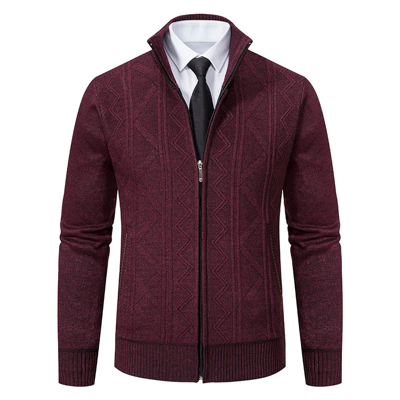 Dark grey men's chunky knit cardigan by FAVOCENT with a raised collar, perfect for winter.