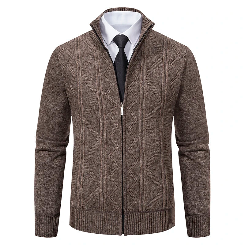 Dark grey men's FAVOCENT chunky knit cardigan with raised collar, suitable for winter, made of thick knitted fabric.