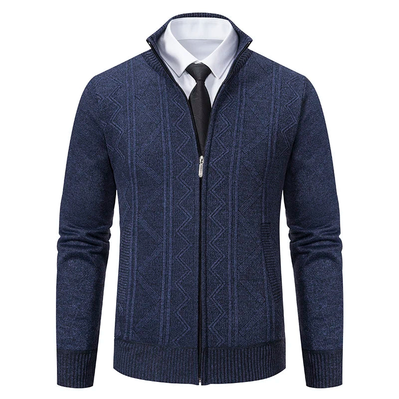 Dark grey men's FAVOCENT chunky knit cardigan with raised collar, ideal for winter, made of warm thick yarn.
