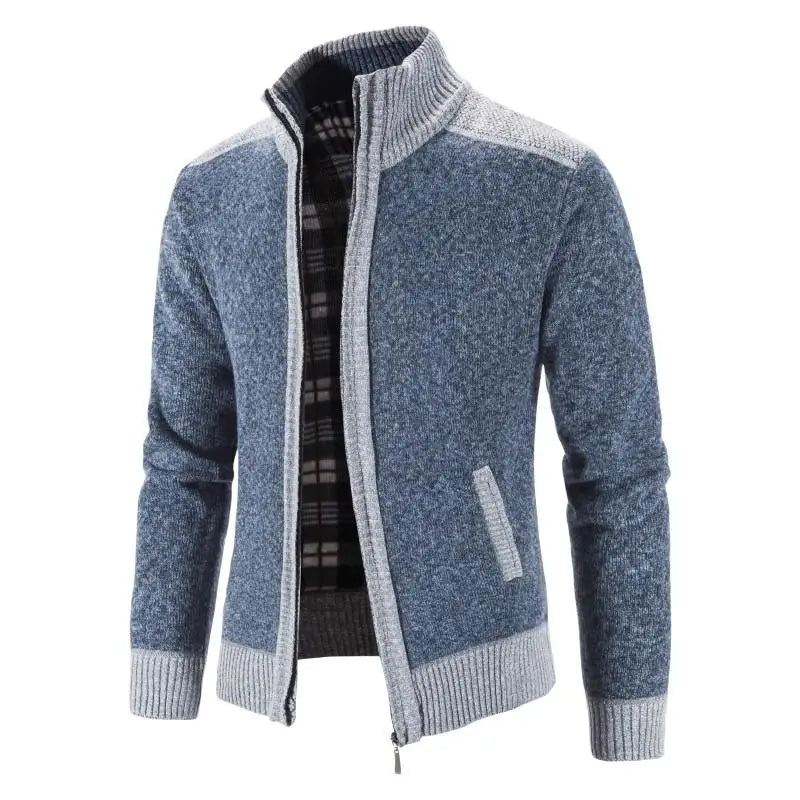 FAVOCENT men's patchwork cardigan with high collar, thick and warm, in earthy tones, ideal for cold weather.