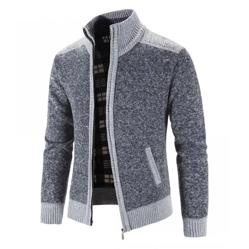 Men's patchwork cardigan by FAVOCENT with high collar, thick warm knit, in earthy tones, perfect for cold weather.